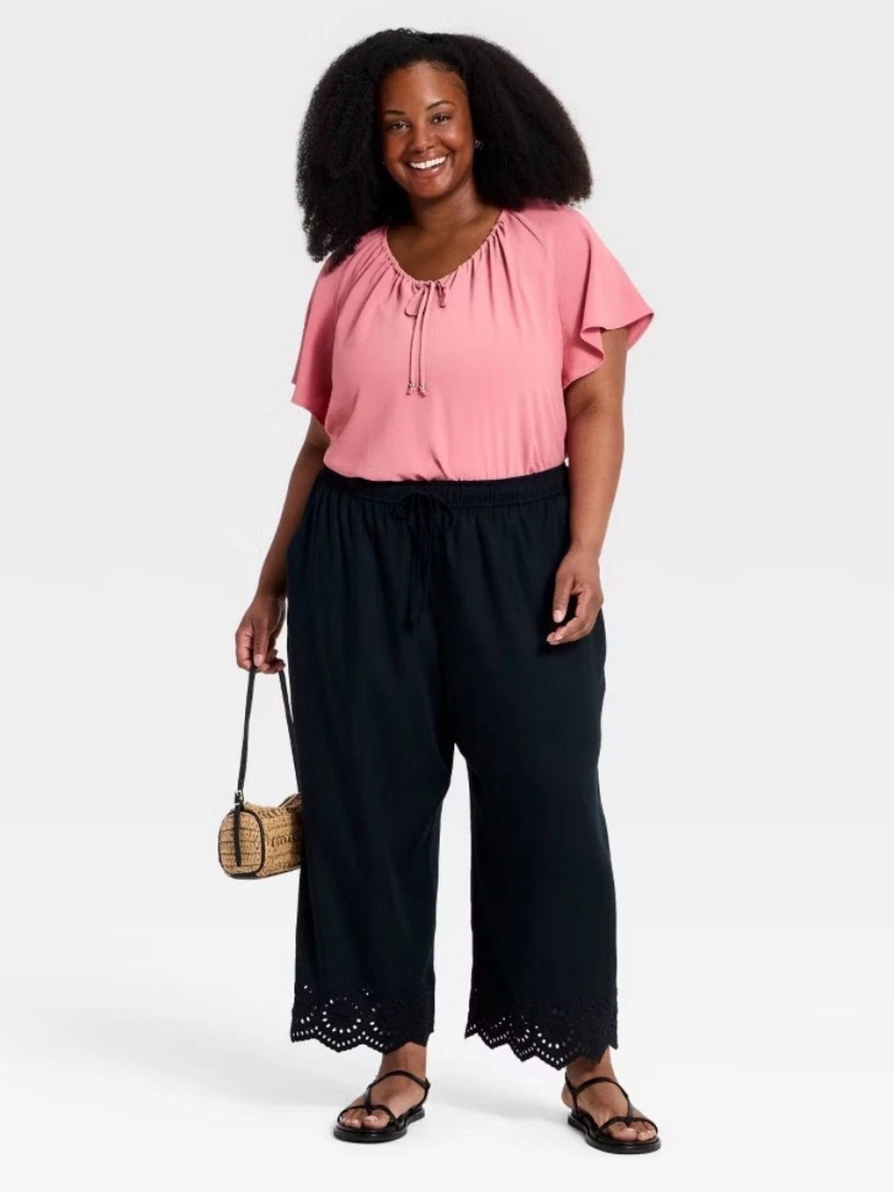 Ava & Viv Black Eyelet-Hem Wide-Leg Plus-Size Pants